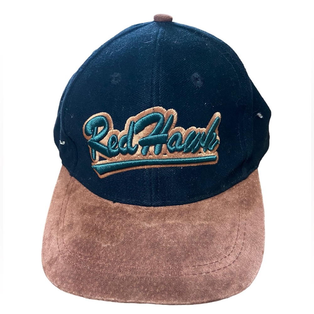 High End Red Hawk Casino CA Suede Brim Two Tone Strap Back Baseball Hat MINTY